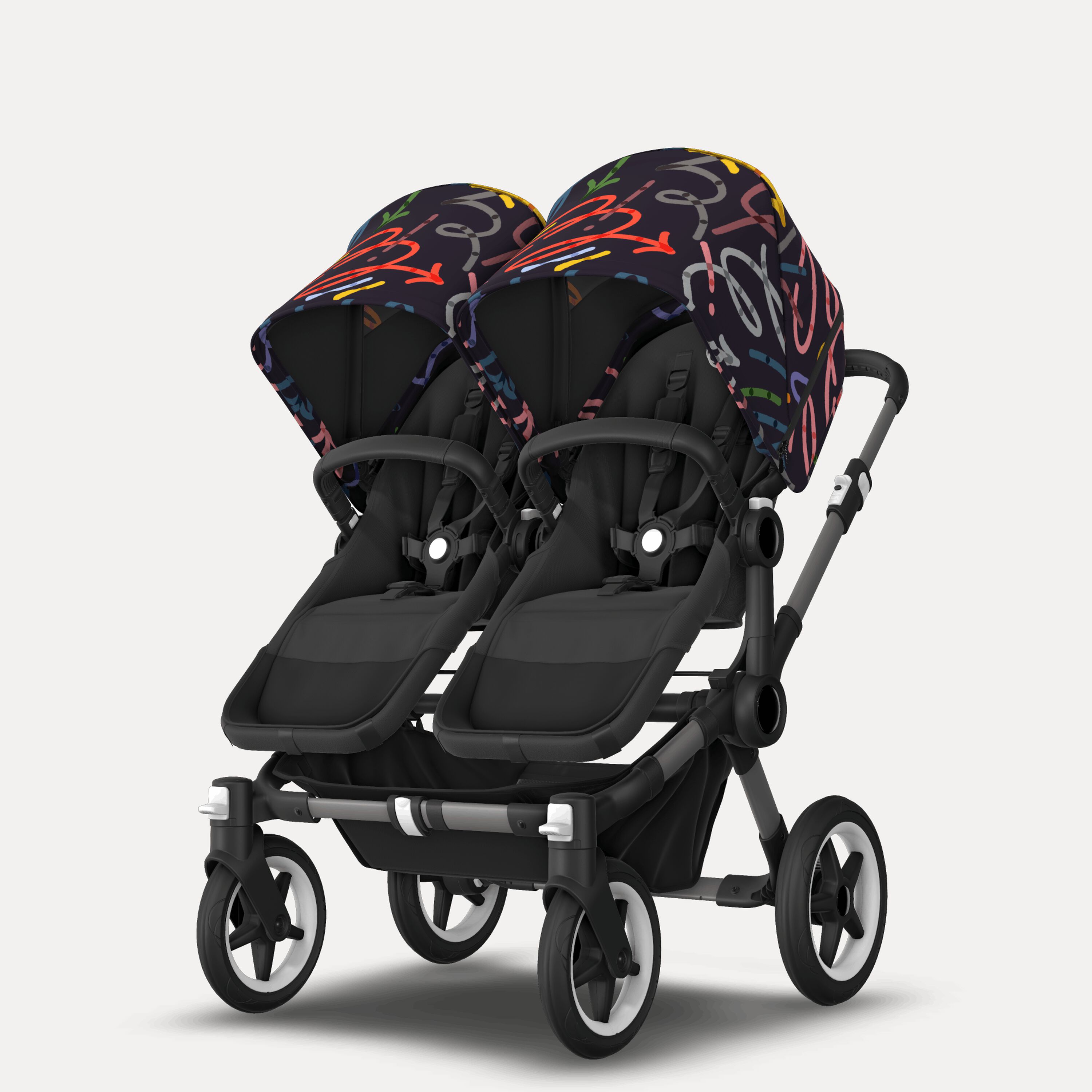 Bugaboo Donkey 5 twin stroller graphite base, midnight black fabrics, art of discovery dark blue sun canopy - Main Modal Image Slide 2 of 12