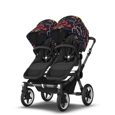 Bugaboo Donkey 5 twin stroller graphite base, midnight black fabrics, art of discovery dark blue sun canopy - view 2