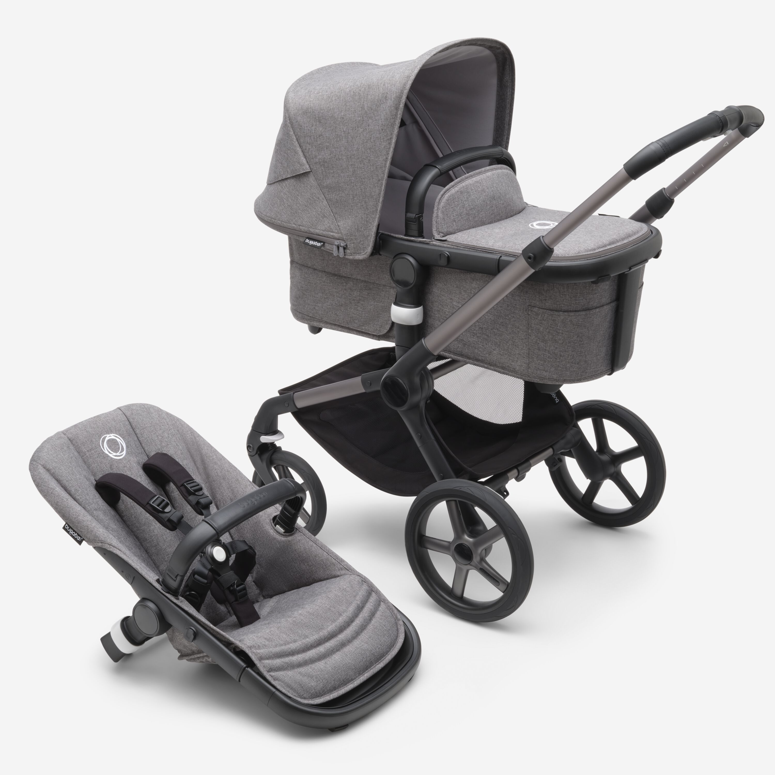 Bugaboo Fox 5 bassinet and seat stroller graphite base, grey melange fabrics, grey melange sun canopy - Main Modal Image Slide 1 of 9