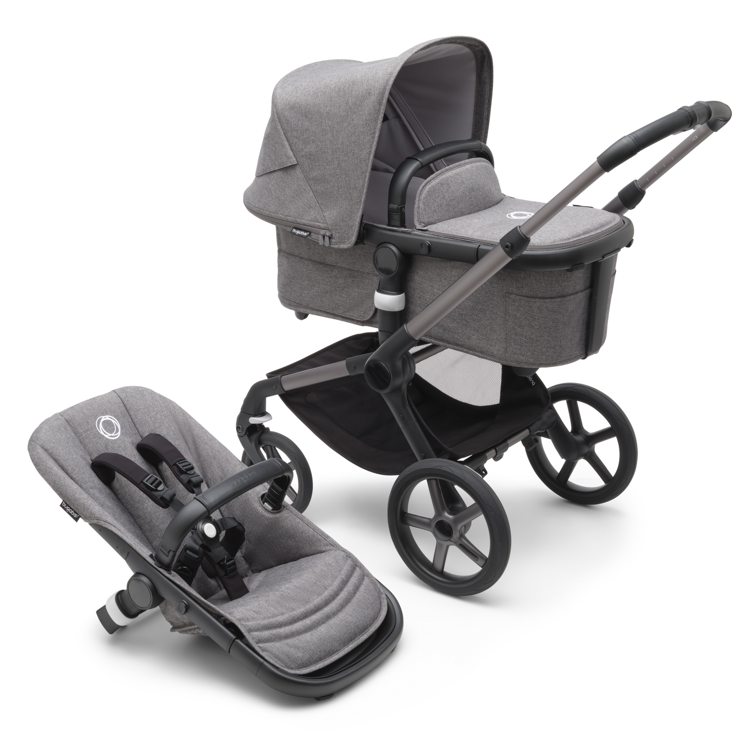 Bugaboo Fox 5 bassinet and seat stroller graphite base, grey melange fabrics, grey melange sun canopy - Thumbnail Slide 1 of 9