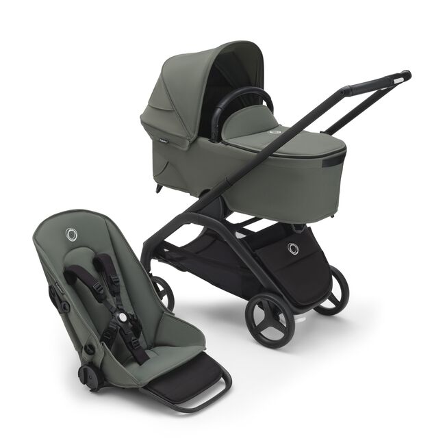 Bugaboo Dragonfly bassinet and seat pram with black chassis, forest green fabrics and forest green sun canopy.