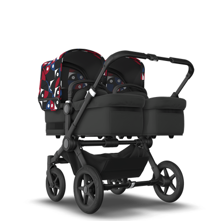 Bugaboo Donkey 5 Twin bassinet and seat stroller black base, midnight black fabrics, animal explorer red/blue sun canopy - view 1