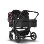 Bugaboo Donkey 5 Twin bassinet and seat stroller black base, midnight black fabrics, animal explorer red/blue sun canopy - Thumbnail Slide 1 of 15