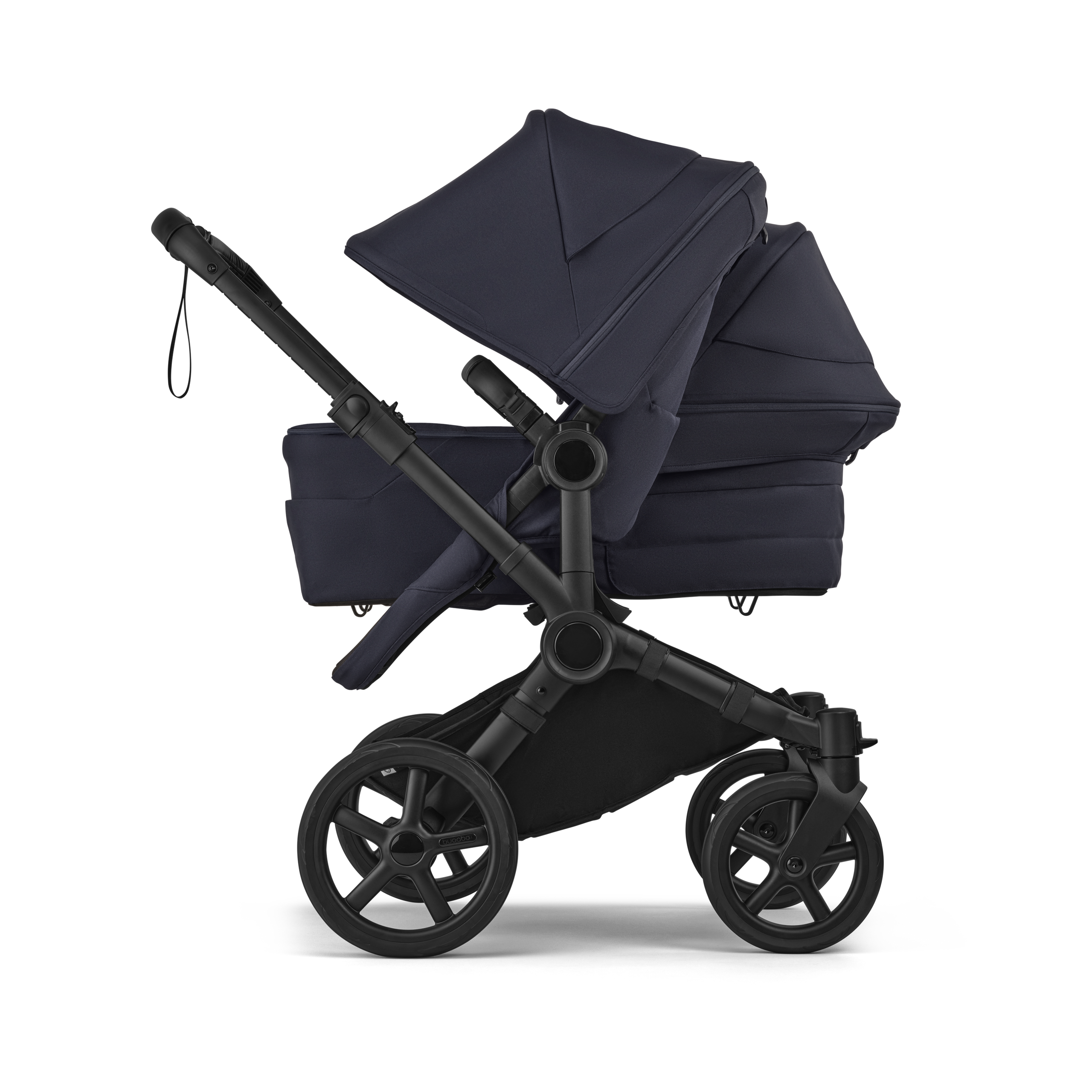Bugaboo Donkey 6 double stroller black base, deep indigo fabrics, deep indigo sun canopy view 3 - Thumbnail Slide 3 of 10