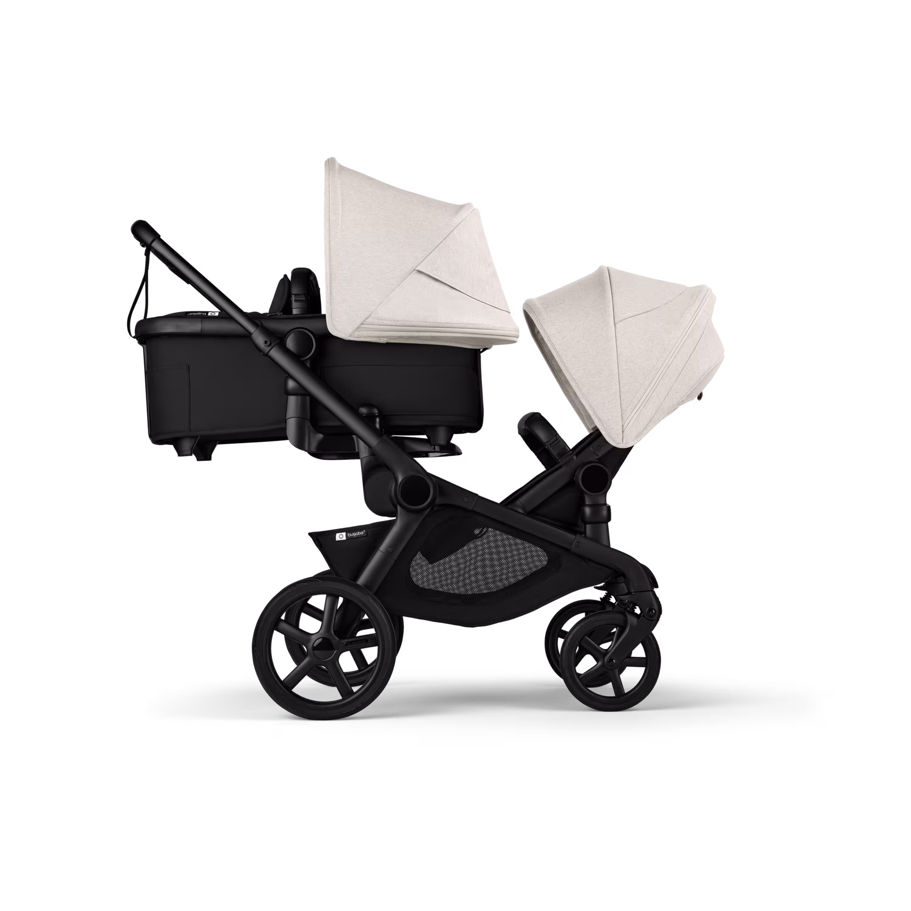Bugaboo Kangaroo tandem stroller black base, midnight black fabrics, misty white sun canopy - Main Modal Image Slide 2 of 18