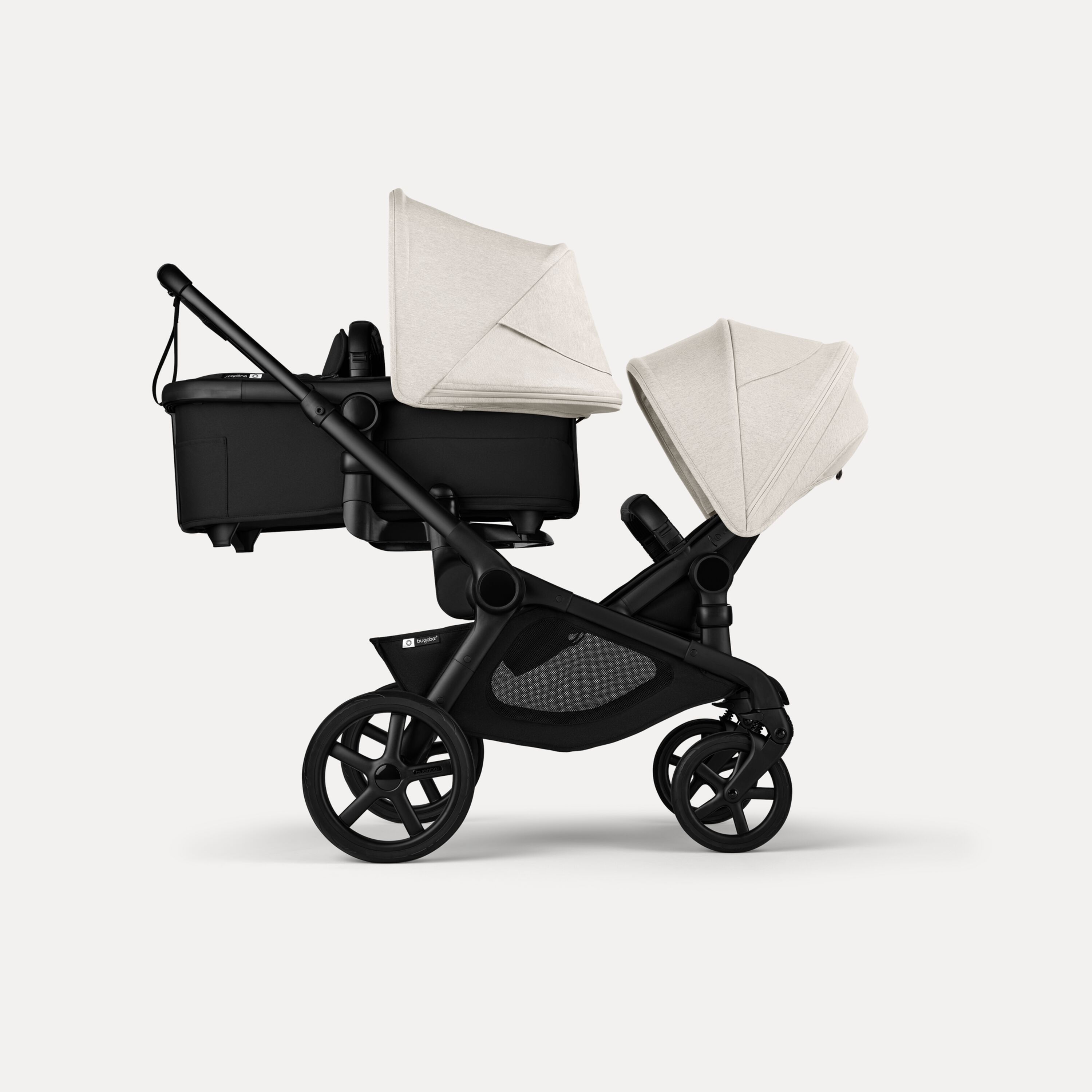 Bugaboo Kangaroo tandem stroller black base, midnight black fabrics, misty white sun canopy - Main Modal Image Slide 2 of 18