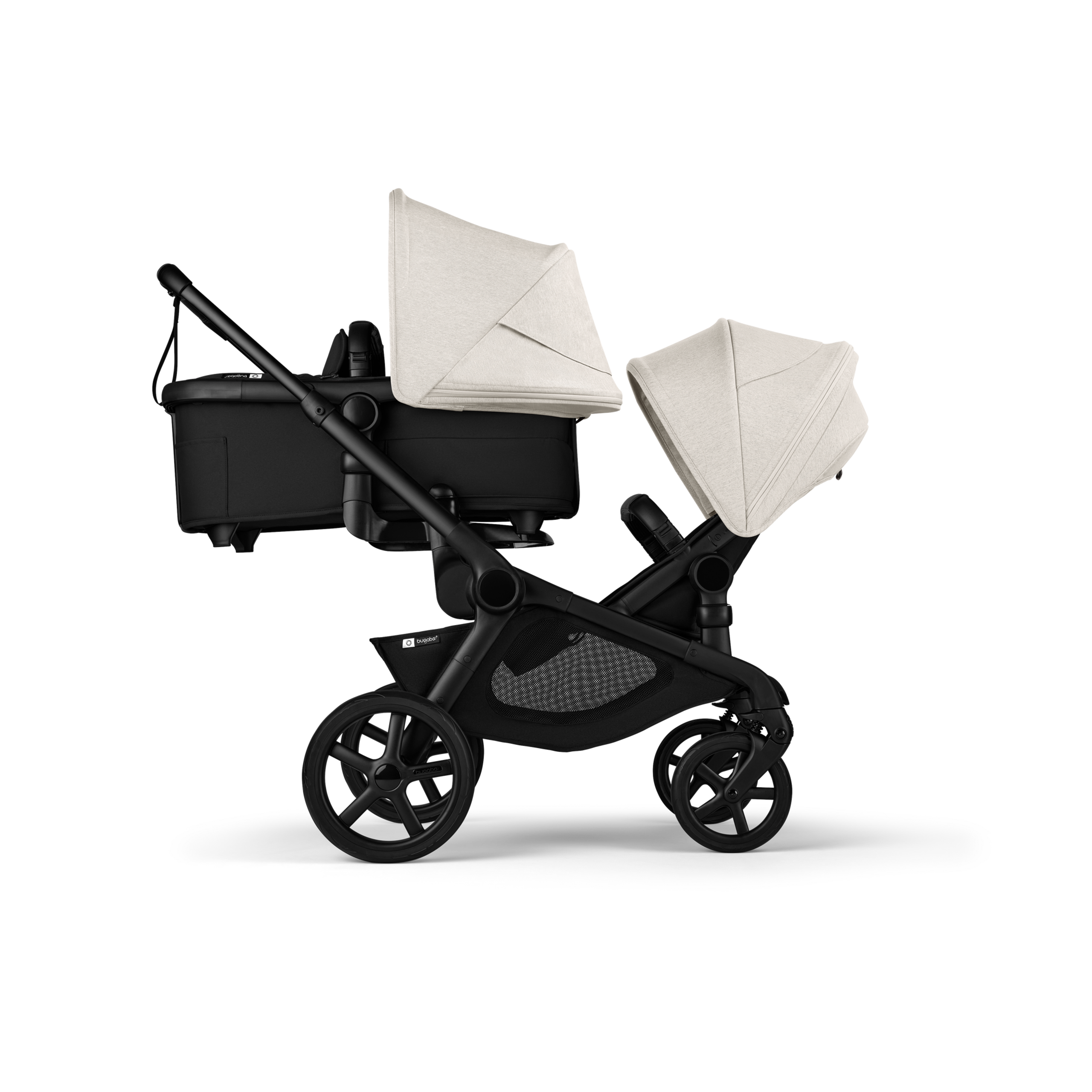 Bugaboo Kangaroo tandem stroller black base, midnight black fabrics, misty white sun canopy - Thumbnail Slide 1 of 18