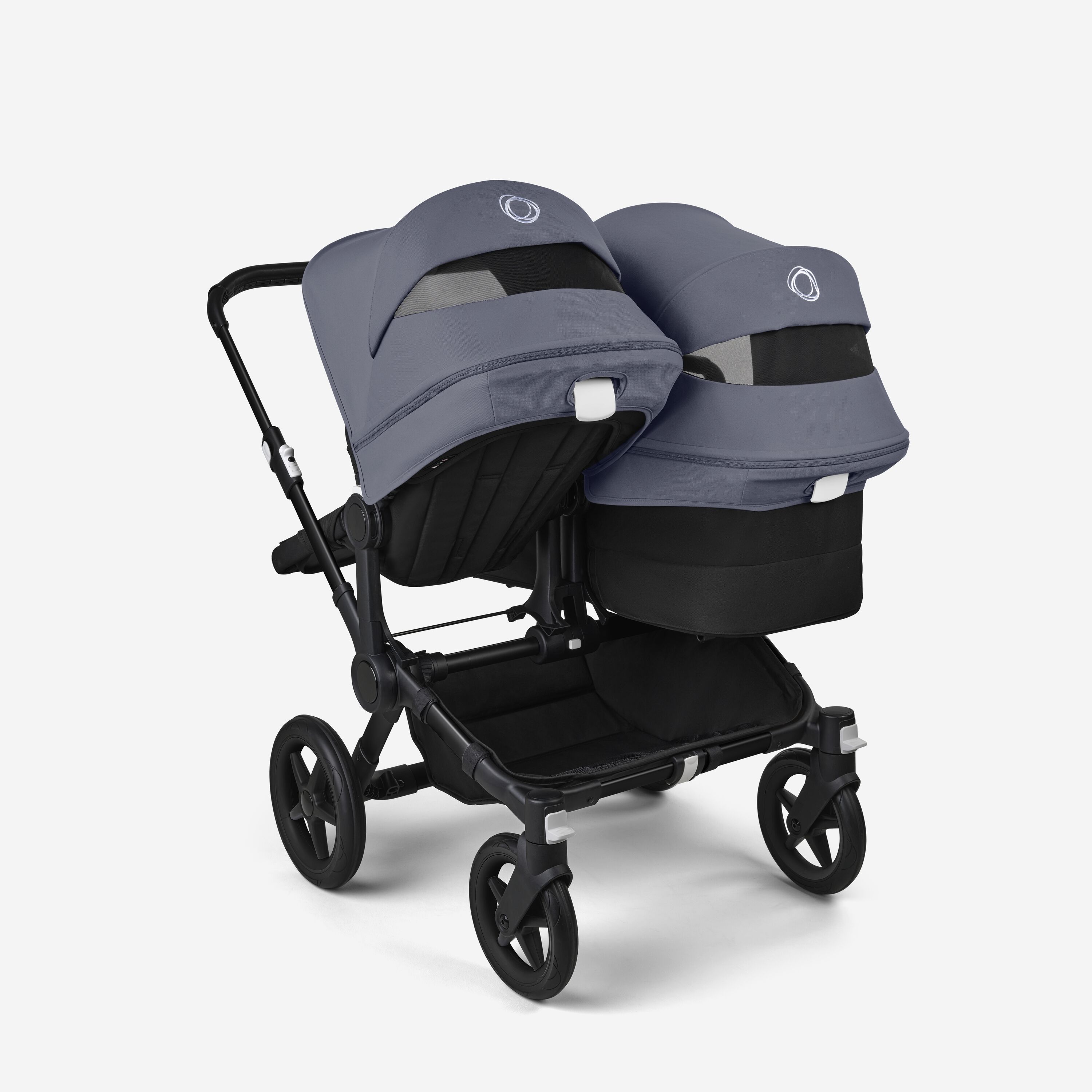 Bugaboo Donkey 5 Duo double stroller black base, midnight black fabrics, stormy blue sun canopy - Main Modal Image Slide 4 of 11