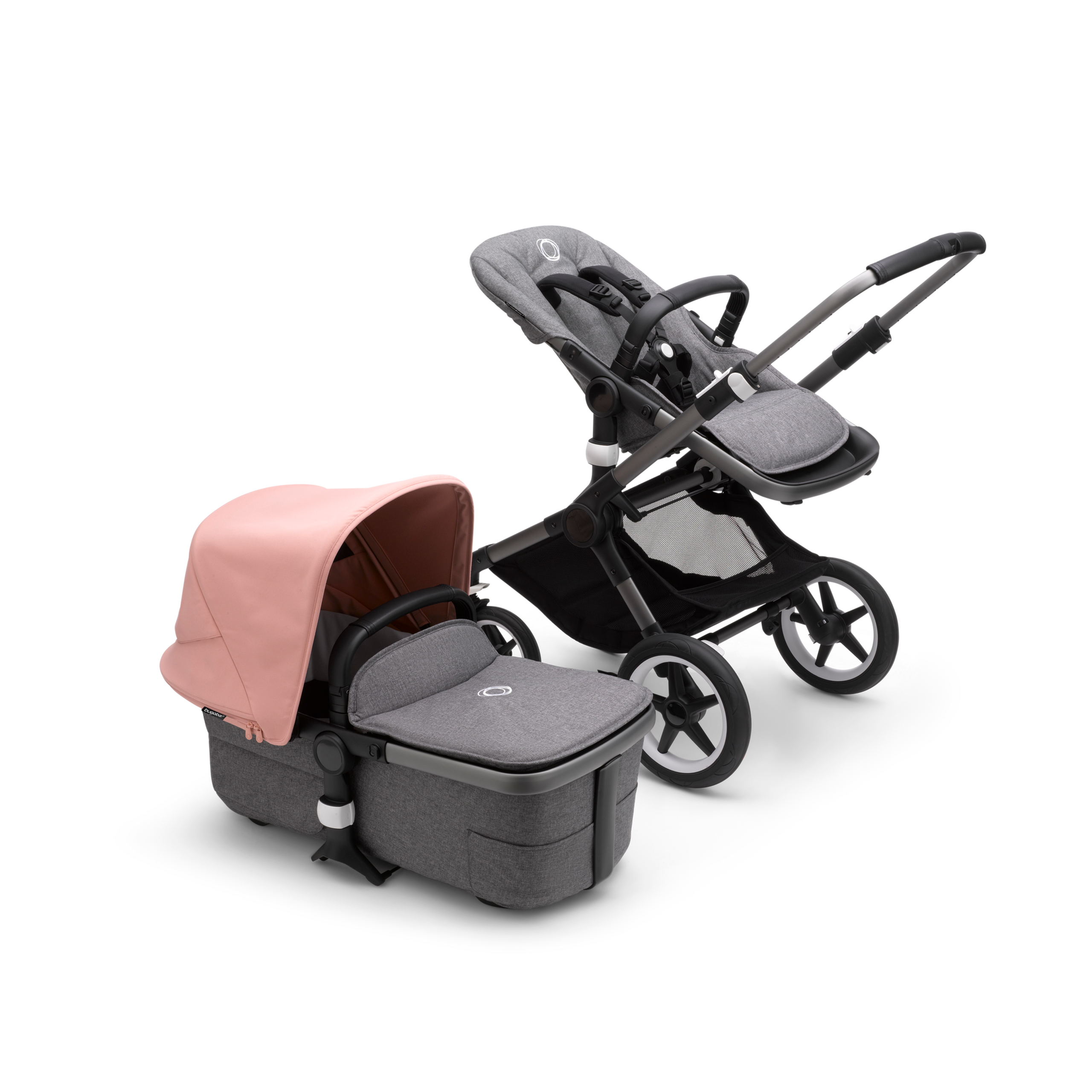 Bugaboo Fox 3 bassinet and seat stroller graphite base, grey melange fabrics, morning pink sun canopy - Thumbnail Slide 5 of 7
