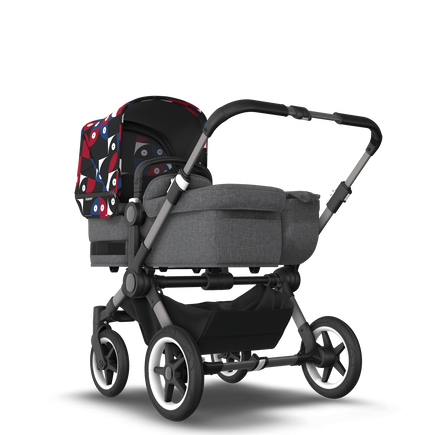 Bugaboo Donkey 5 Mono bassinet and seat stroller graphite base, grey mélange fabrics, animal explorer red/ blue sun canopy
