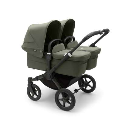 Bugaboo Donkey 5 Twin bassinet and seat stroller black base, forest green fabrics, forest green sun canopy