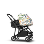 Bugaboo Bee 6 bassinet and seat stroller black base, black fabrics, art of discovery white sun canopy