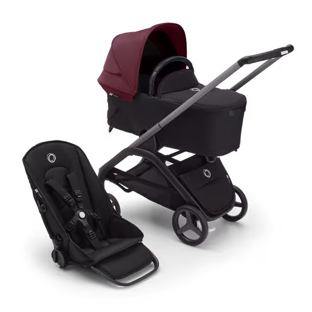 Bugaboo Dragonfly 2-in-1 stroller graphite base, midnight black fabrics, dark cherry red sun canopy - Main Image Slide 1 of 16