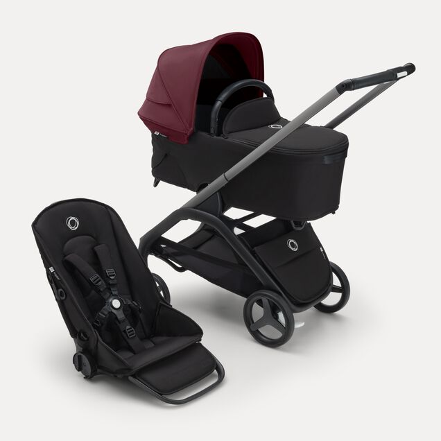 Bugaboo Dragonfly 2-in-1 stroller graphite base, midnight black fabrics, dark cherry red sun canopy - Main Image Slide 1 of 16
