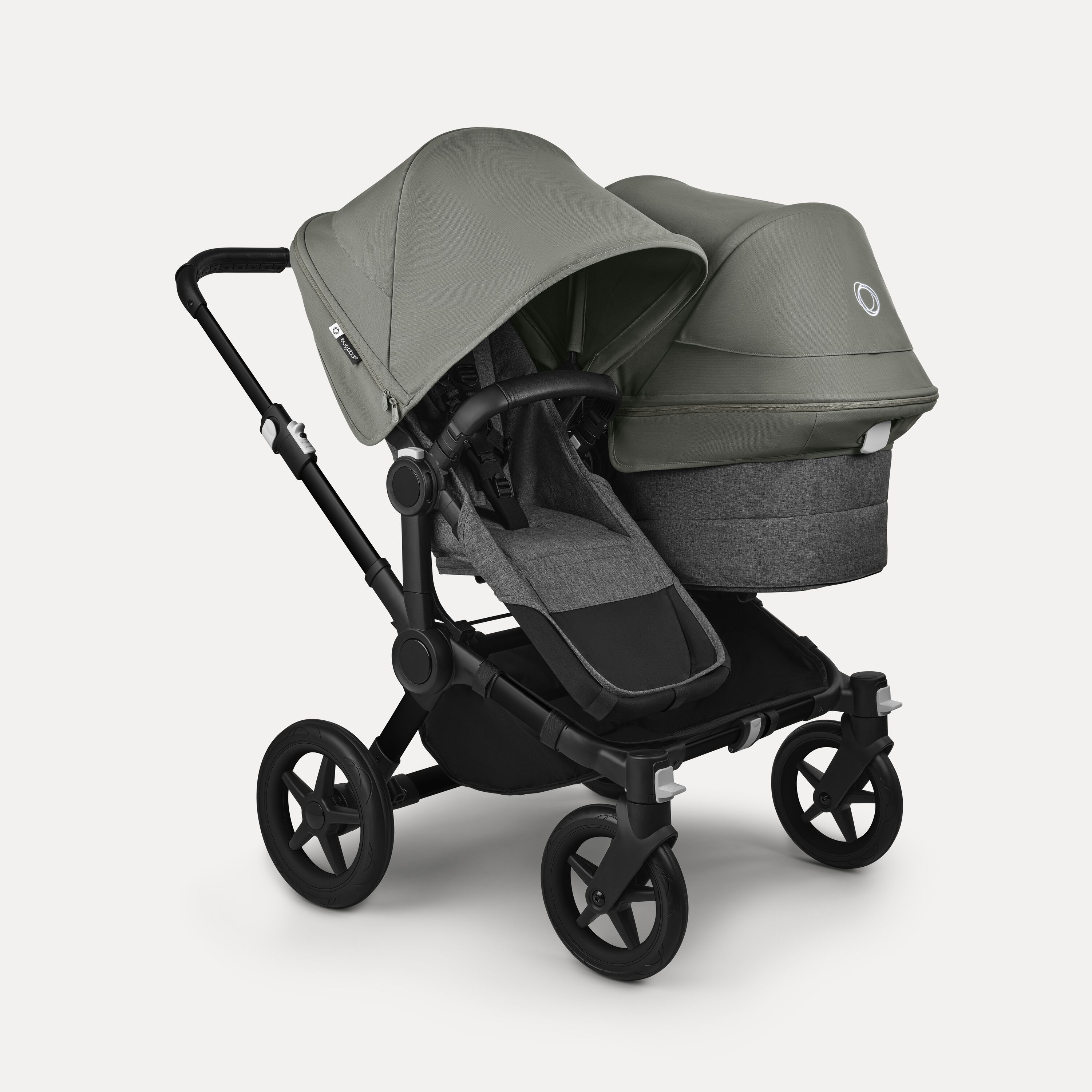 Bugaboo Donkey 5 Duo double stroller black base, grey mélange fabrics, forest green sun canopy - Main Modal Image Slide 1 of 11