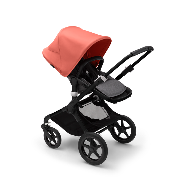 Bugaboo Fox 3 Sitz-Kinderwagen mit schwarzem Rahmen, grau meliertem Stoff und rotem Sonnendach.