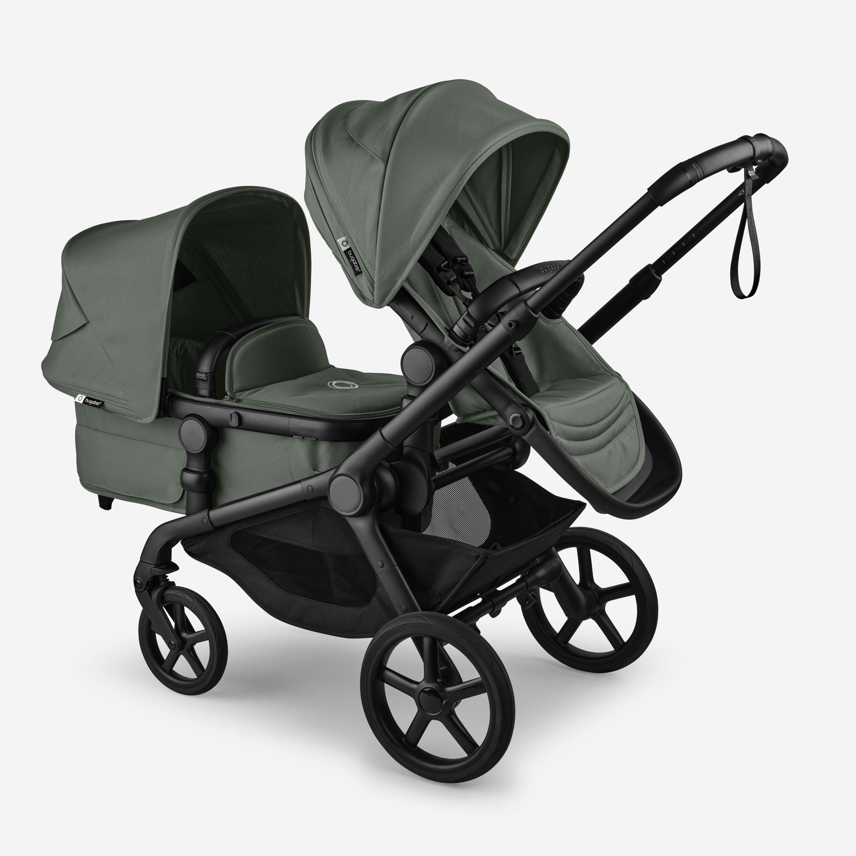 Bugaboo Kangaroo tandem pram black base, forest green fabrics, forest green sun canopy - Main Modal Image Slide 3 of 12