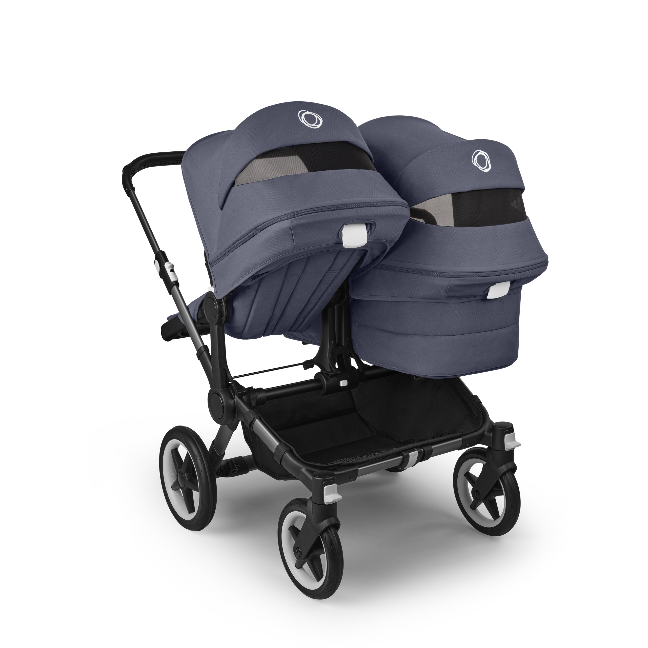 Bugaboo Donkey 5 Duo double stroller graphite base, stormy blue fabrics, stormy blue sun canopy - Thumbnail Slide 4 of 11