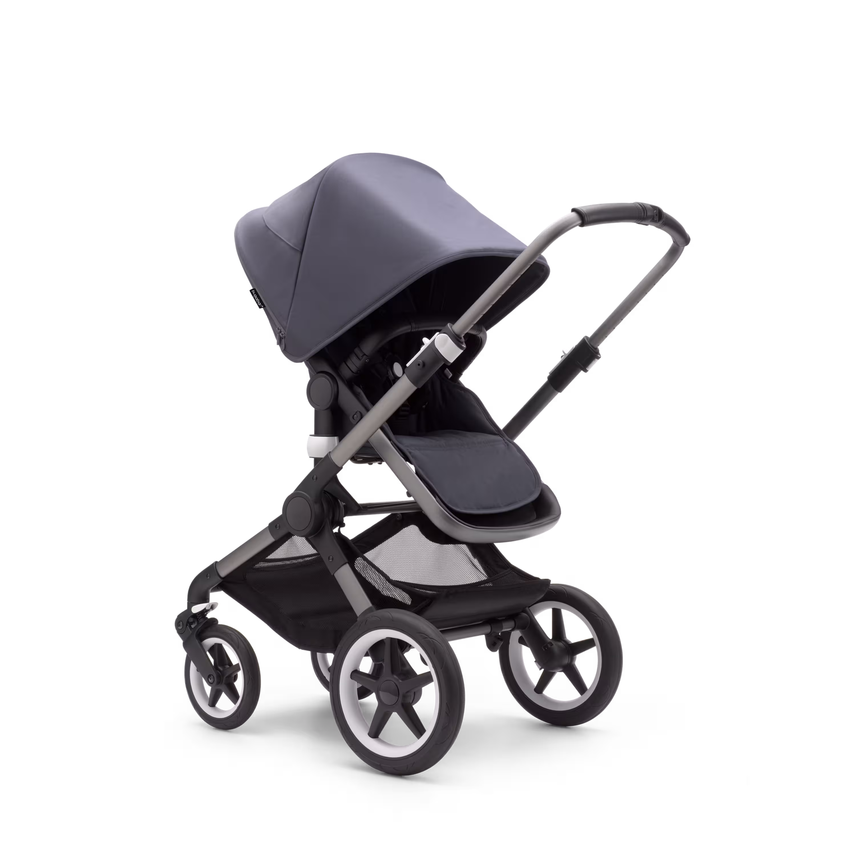 Bugaboo Fox 3 seat stroller with graphite frame, stormy blue fabrics, and stormy blue sun canopy. - Main Modal Image Slide 8 of 9