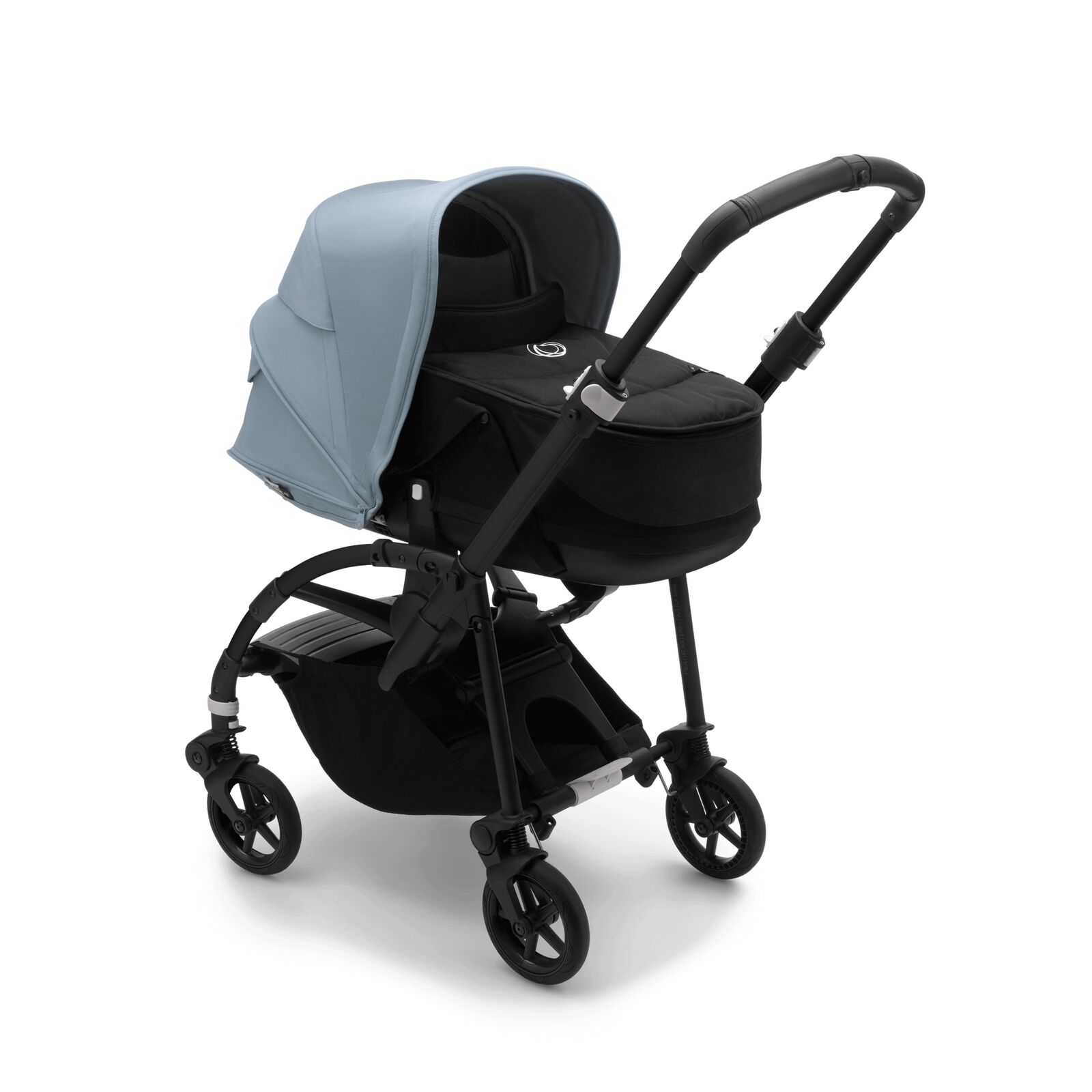 Bugaboo Bee 6 bassinet and seat stroller vapor blue sun canopy, black fabrics, black base