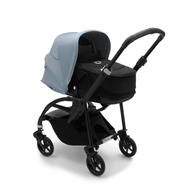 Bugaboo Bee 6 bassinet and seat stroller vapor blue sun canopy, black fabrics, black base