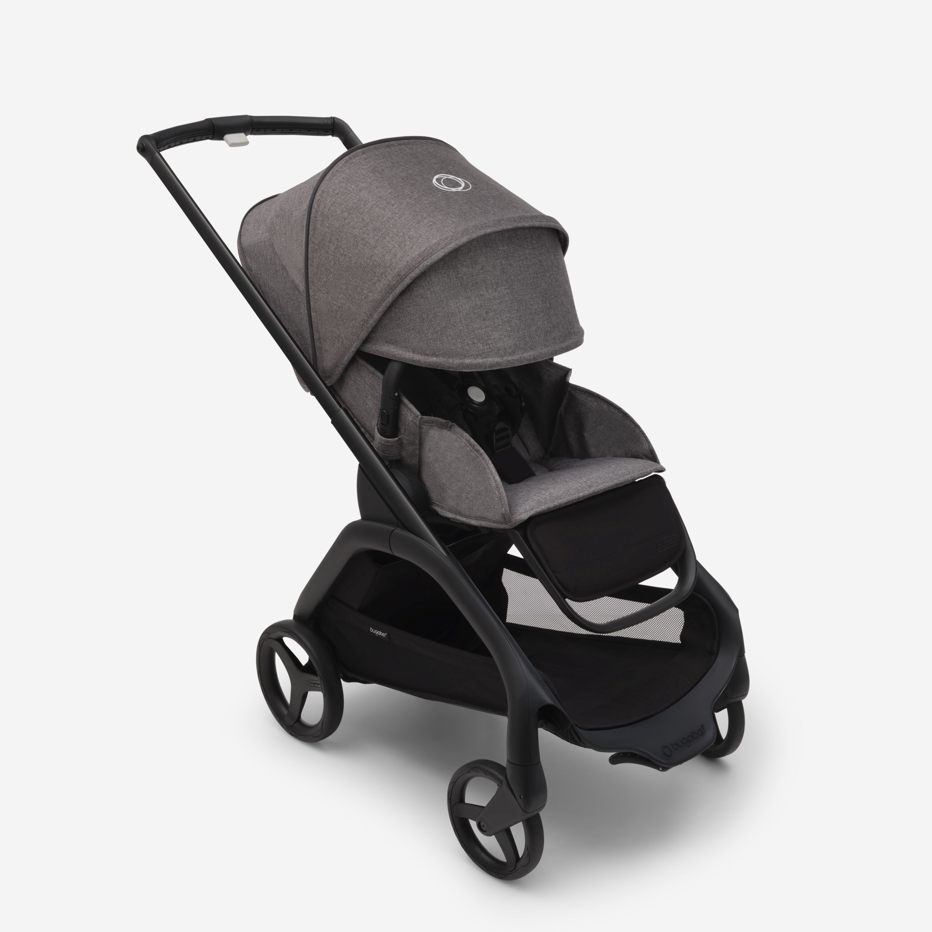 Passeggino Bugaboo Dragonfly con seduta e telaio black, tessuti grey melange e cappottina grey melange. La cappottina parasole è completamente estesa. - Main Modal Image Slide 3 of 16
