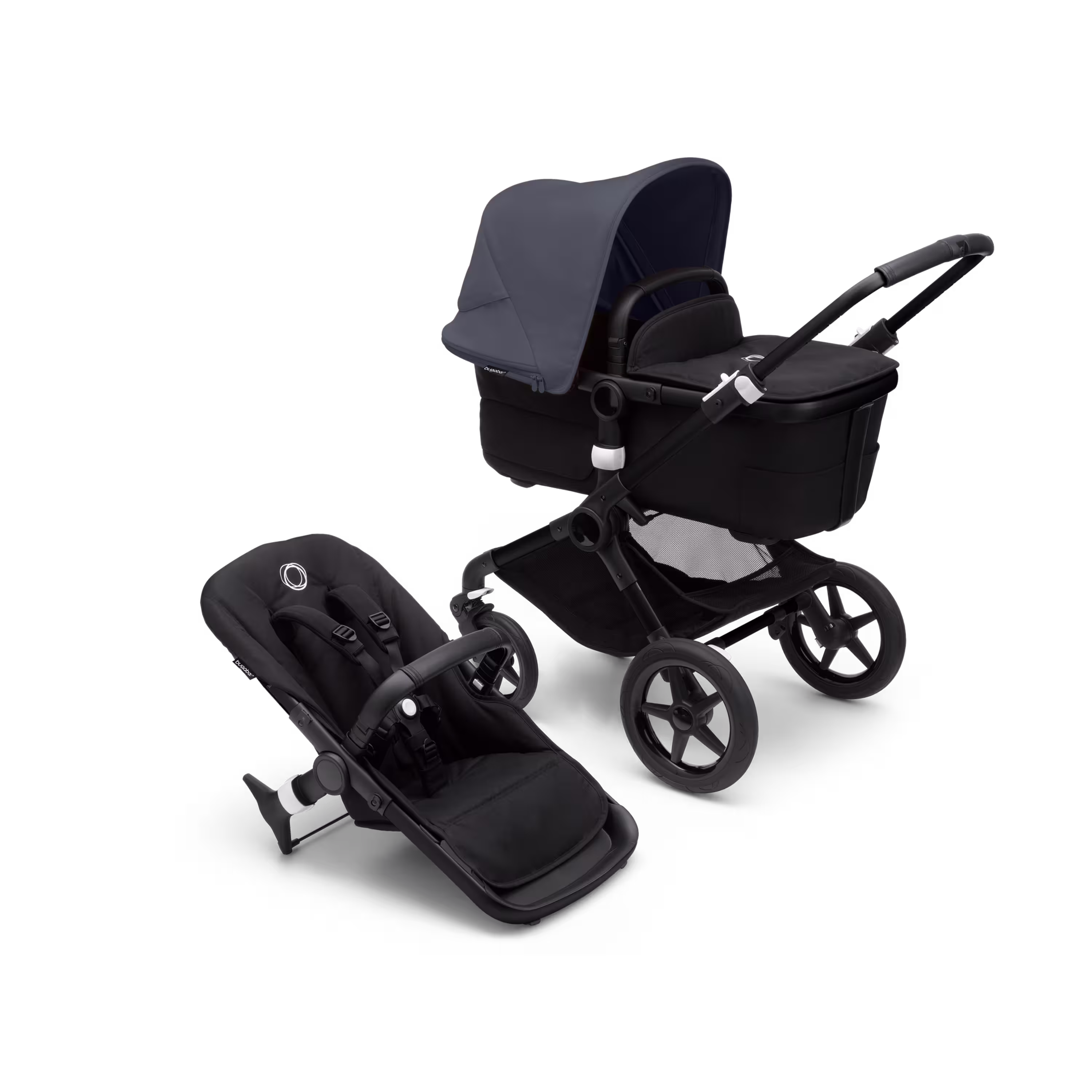 Bugaboo Fox 3 bassinet and seat stroller black base, midnight black fabrics, stormy blue sun canopy - Main Modal Image Slide 1 van 7