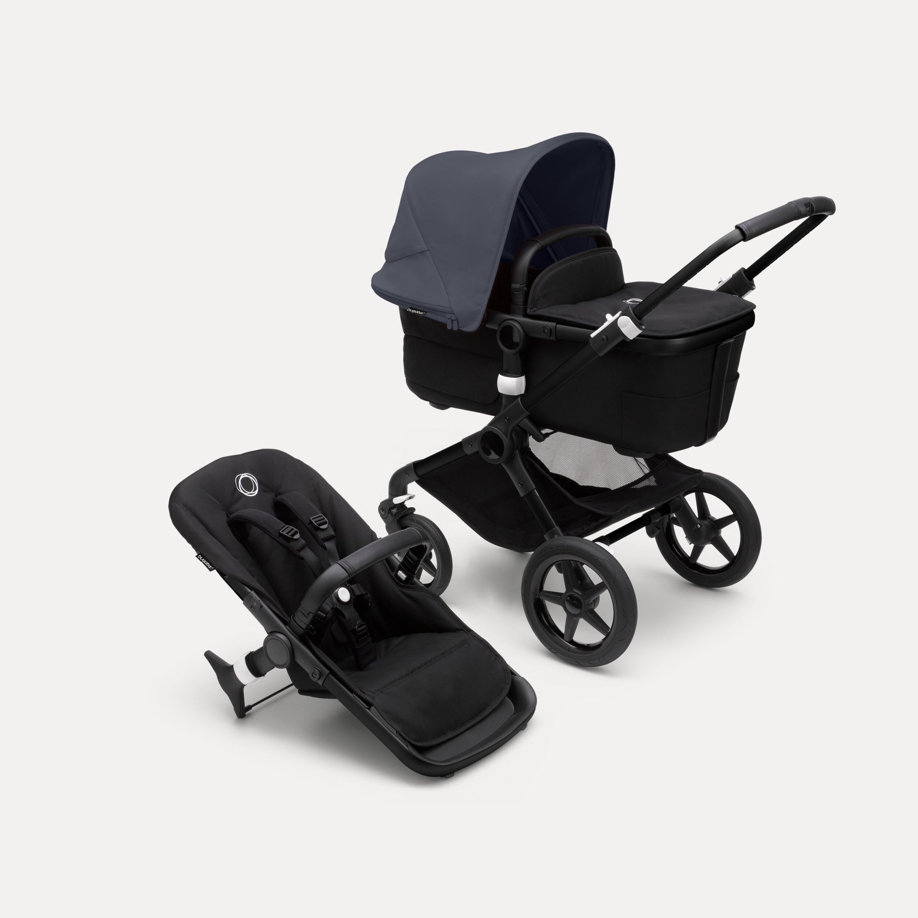 Bugaboo Fox 3 bassinet and seat stroller black base, midnight black fabrics, stormy blue sun canopy - Main Modal Image Slide 1 of 7