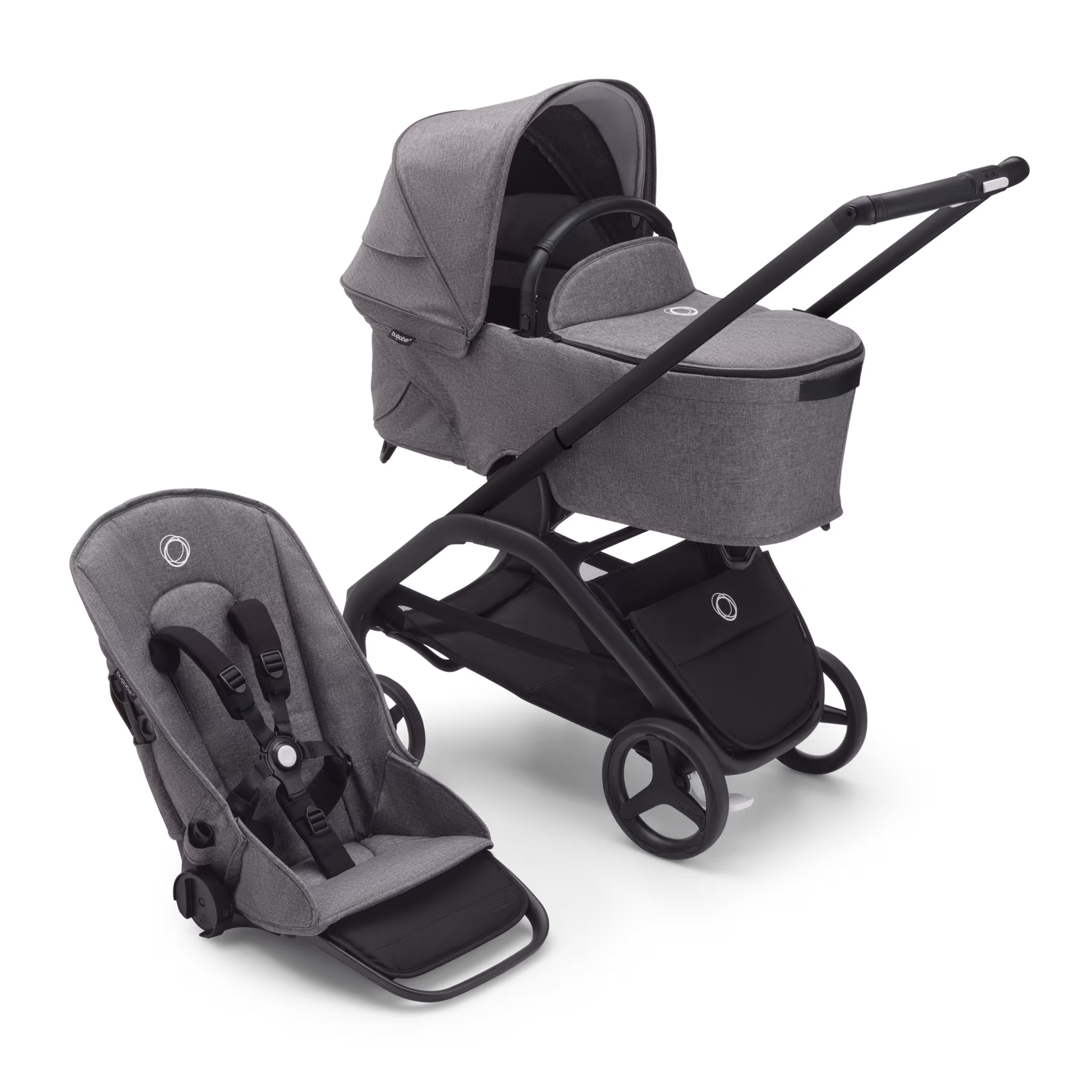 Bugaboo Dragonfly bassinet and seat stroller with black chassis, grey melange fabrics and grey melange sun canopy. - Main Modal Image Slide 1 of 16