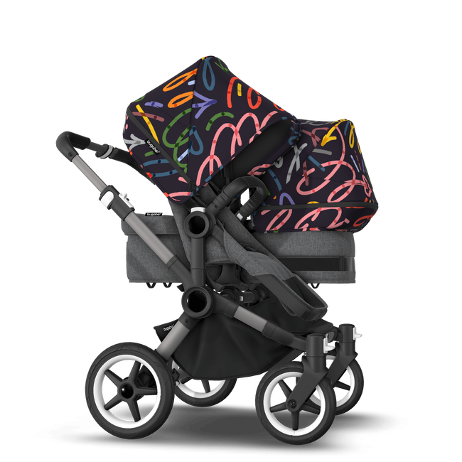 Bugaboo Donkey 5 Duo bassinet and seat stroller graphite base, grey mélange fabrics, art of discovery dark blue sun canopy