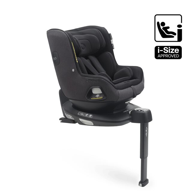 Bugaboo Owl by Nuna car seat in black fabrics on the 360 ISOFIX Base, with stability leg extended. Text reads: i-Size approved.