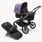 Refurbished Bugaboo Fox 5 bassinet and seat stroller graphite base, midnight black fabrics, astro purple sun canopy