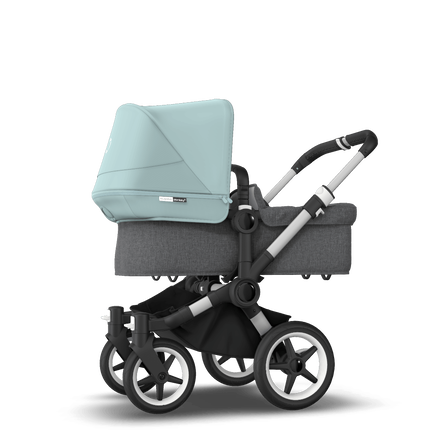 Bugaboo Donkey 3 Mono seat and bassinet stroller vapor blue sun canopy, grey melange fabrics, aluminium base