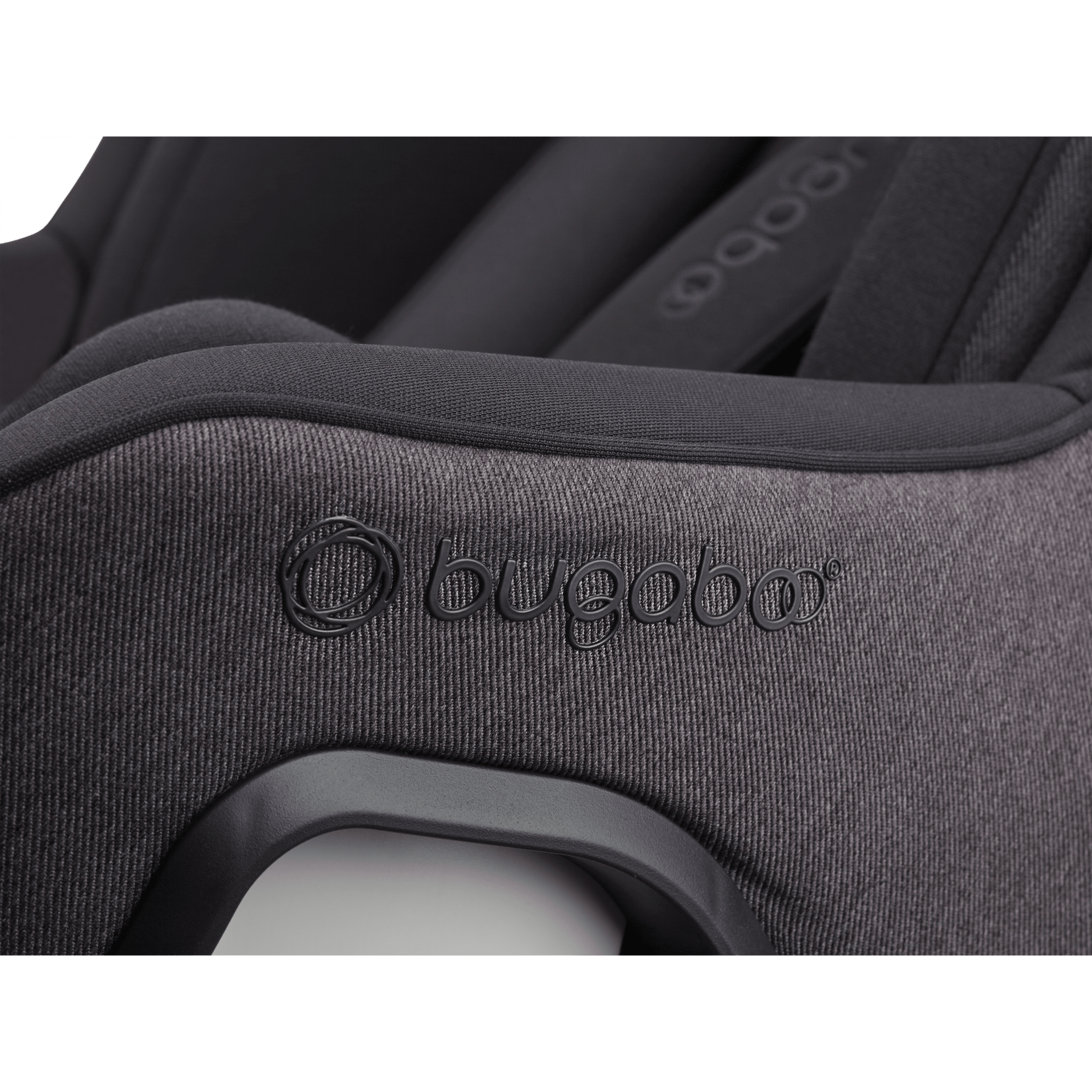 Close up of the embossed Bugaboo logo on the Bugaboo Owl by Nuna car seat in black fabrics. - Thumbnail Slide 8 of 8