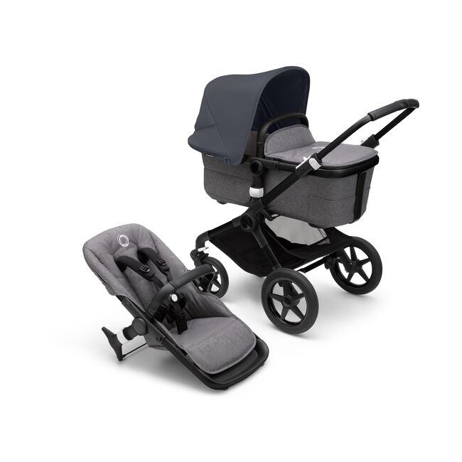 Bugaboo Fox 3 bassinet and seat stroller with black frame, grey fabrics, and stormy blue sun canopy. - Main Image Slide 1 of 7
