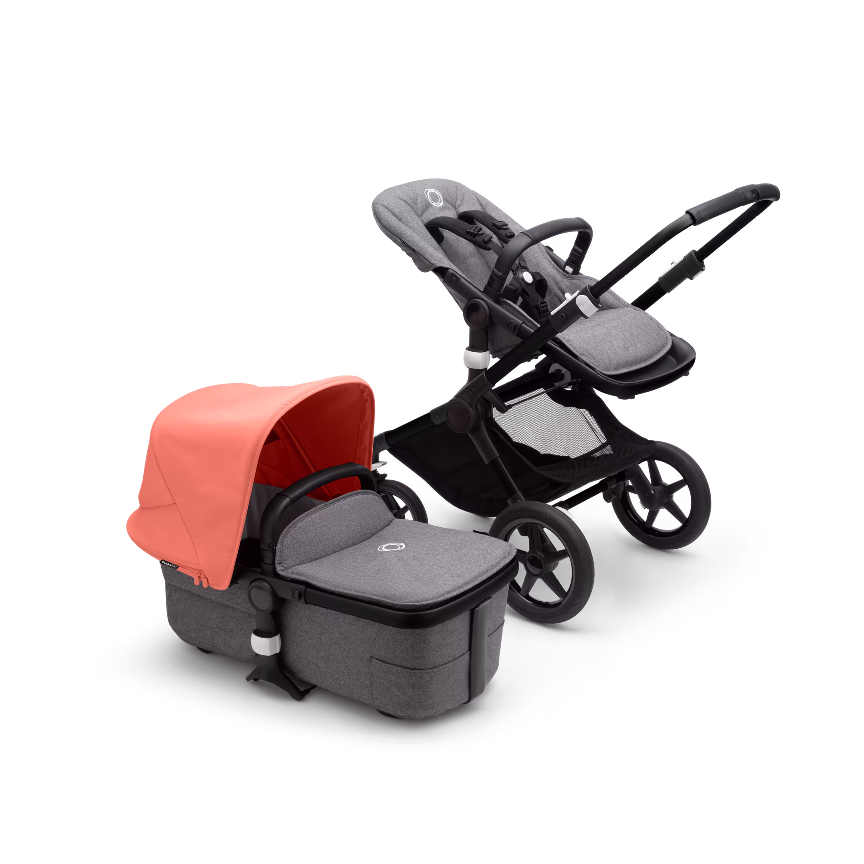 Bugaboo Fox 3 bassinet and seat stroller with black frame, grey melange fabrics, and red sun canopy. - Main Modal Image Slide 6 of 7