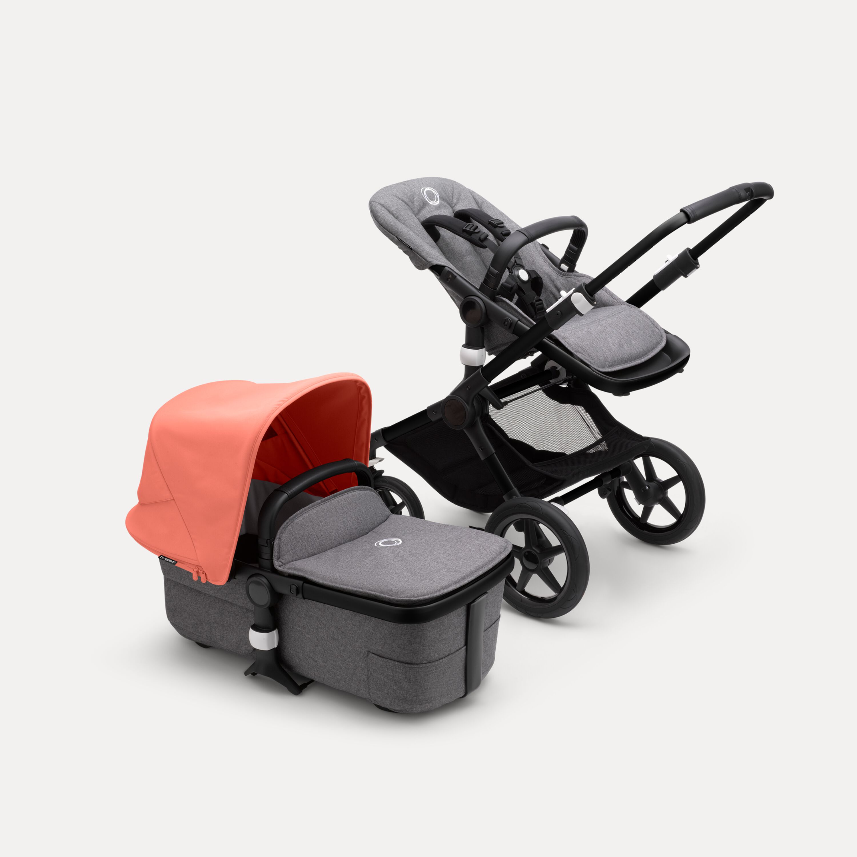 Bugaboo Fox 3 bassinet and seat stroller with black frame, grey melange fabrics, and red sun canopy. - Main Modal Image Slide 6 of 7