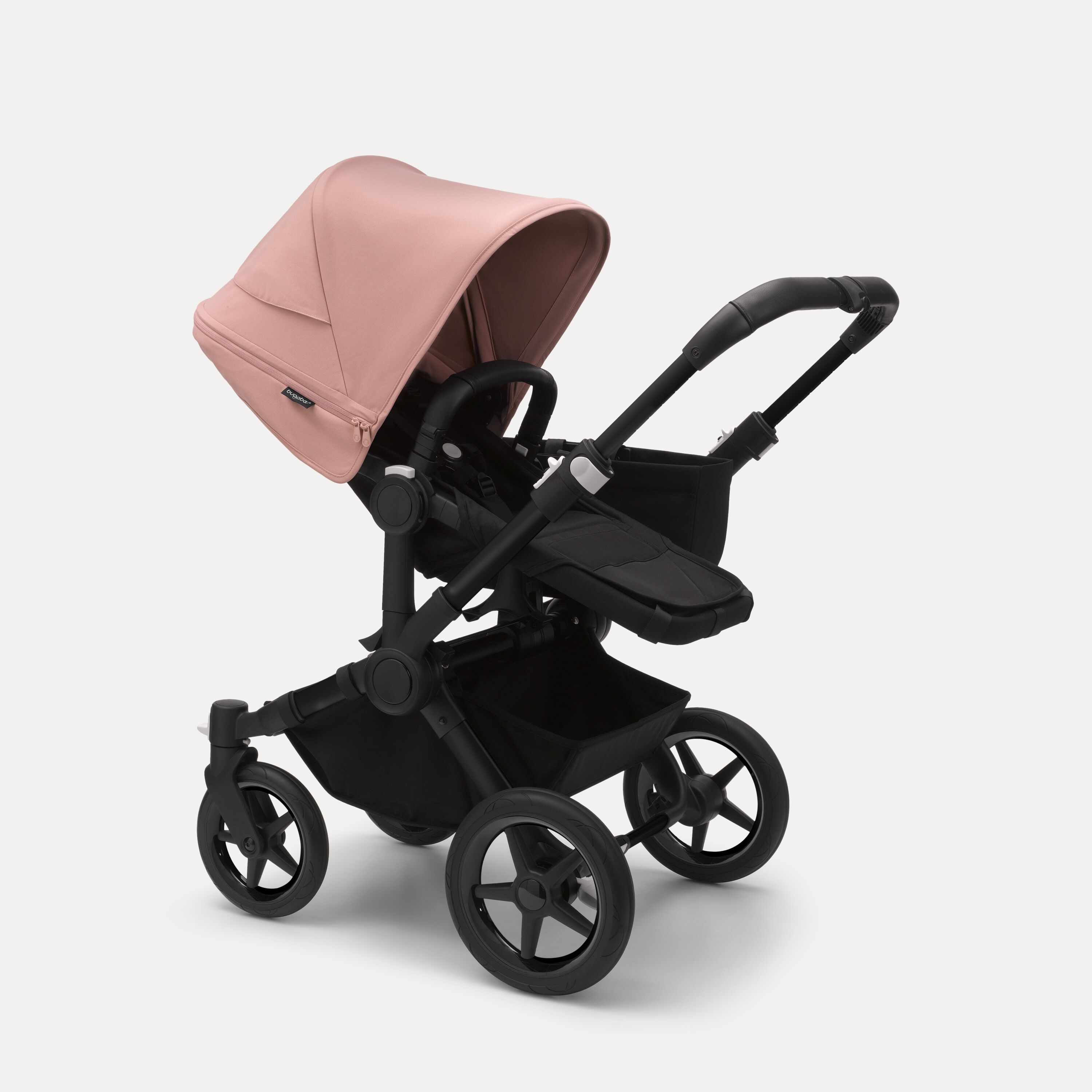 Refurbished Bugaboo Donkey 5 Mono bassinet and seat stroller black base, midnight black fabrics, morning pink sun canopy - Main Modal Image Slide 2 of 2