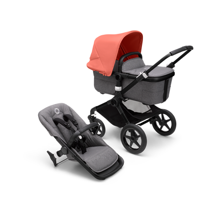 Bugaboo Fox 3 Liegewannen- und Sitz-Kinderwagen mit schwarzem Rahmen, grau meliertem Stoff und rotem Sonnendach.