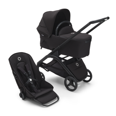 Bugaboo Dragonfly bassinet and seat stroller with black chassis, midnight black fabrics and midnight black sun canopy.