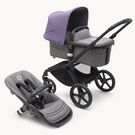 Poussette siège et nacelle Bugaboo Fox 5 avec châssis noir, habillages gris chiné et capote violet astro.