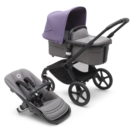 Bugaboo Fox 5 bassinet and seat stroller with black chassis, grey melange fabrics and astro purple sun canopy.