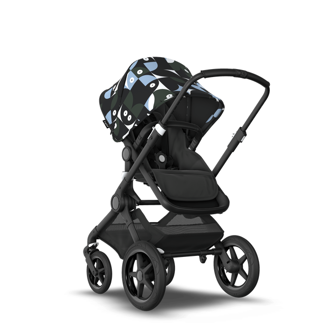 Bugaboo Fox 3 bassinet and seat stroller black base, midnight black fabrics, animal explorer green/ light blue sun canopy