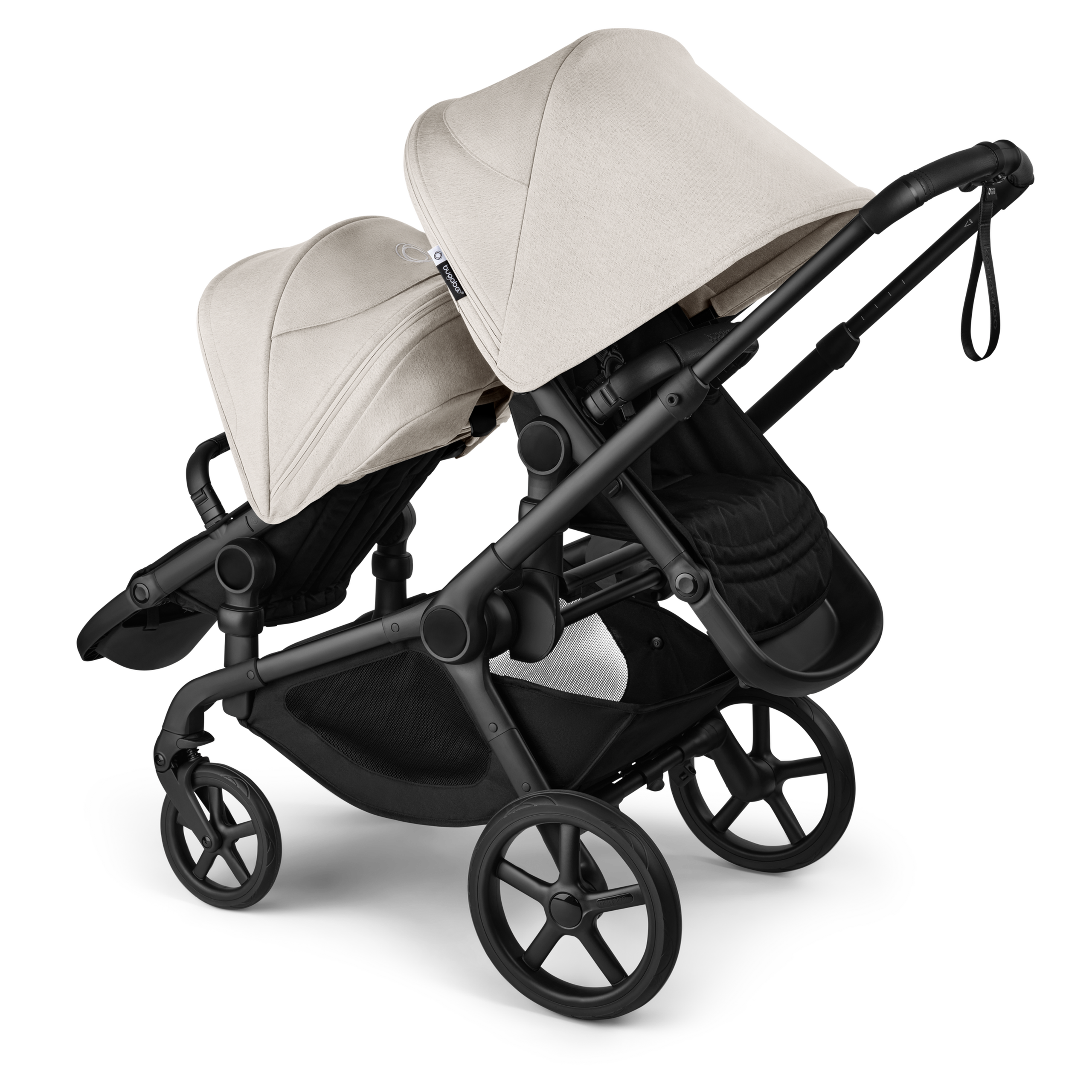 Bugaboo Kangaroo tandem stroller black base, midnight black fabrics, misty white sun canopy - Thumbnail Slide 5 of 18