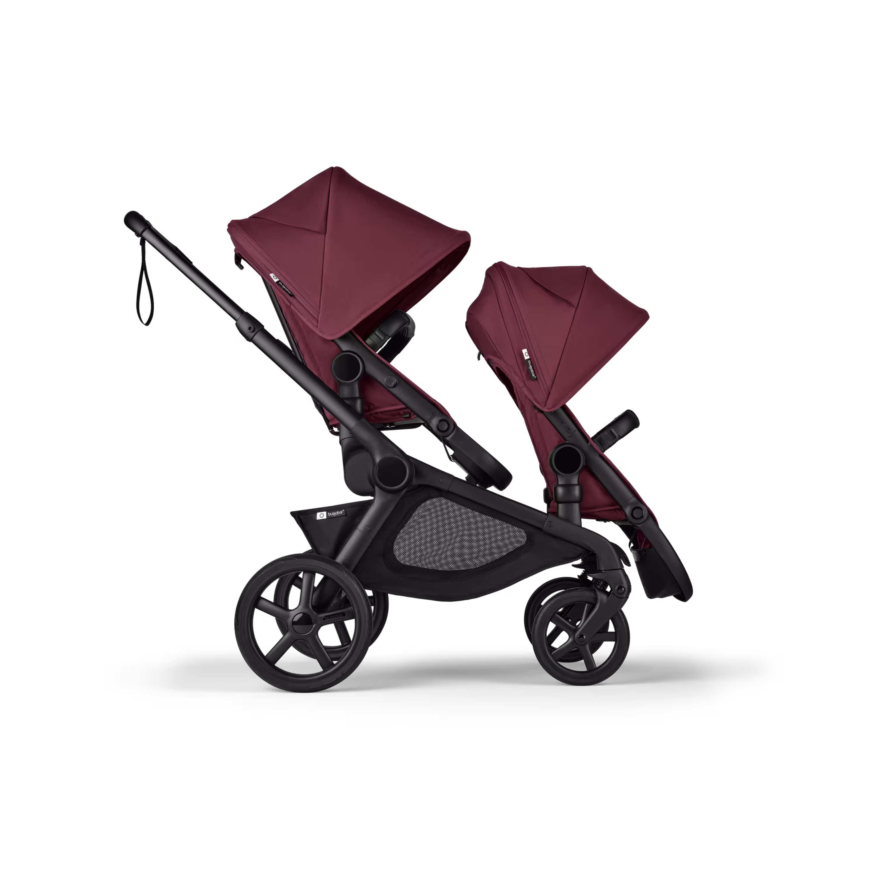 Bugaboo Kangaroo Double bassinet and seat pram black base, dark cherry red fabrics, dark cherry red sun canopy - Main Modal Image Slide 1 of 18