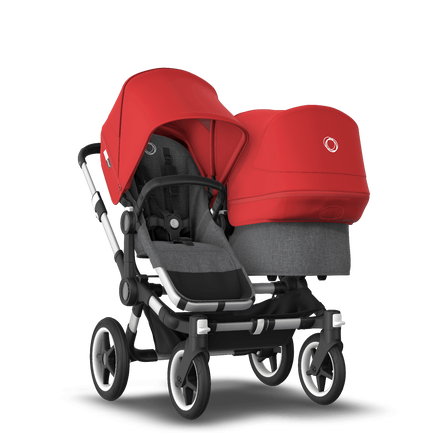 Bugaboo Donkey 3 Duo seat and bassinet stroller red sun canopy, grey melange fabrics, aluminium base