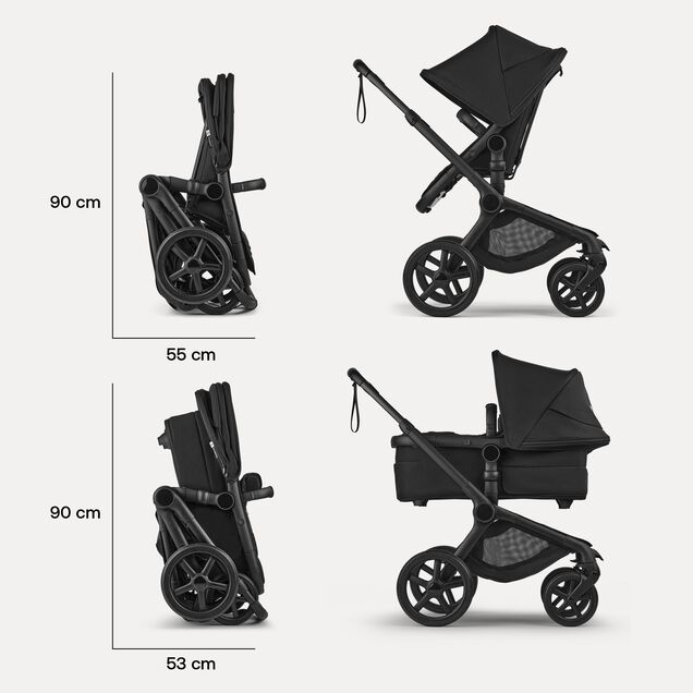 Four Bugaboo Fox 5 Renew strollers in different states: Folded with seat, in-use with seat, folded with bassinet, and in-use with bassinet. - Main Image Slide 9 of 12