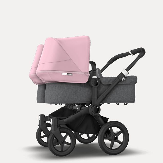 Bugaboo Donkey 3 Twin seat and carrycot pushchair soft pink sun canopy, grey melange fabrics, black base - Main Image Slide 2 of 9
