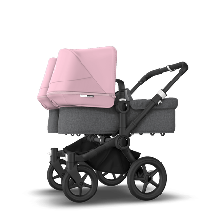 Bugaboo Donkey 3 Twin seat and bassinet stroller soft pink sun canopy, grey melange fabrics, black base