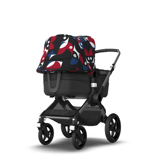 Bugaboo Fox 3 bassinet and seat stroller black base, midnight black fabrics, animal explorer red/blue sun canopy